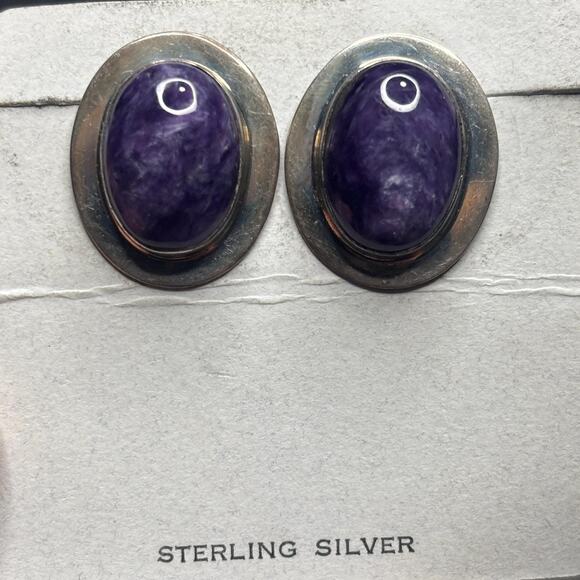 Sterling Silver Natural Purple Charoite Oval Cabochon Bezel Set Stud Earrings - Picture 3 of 5